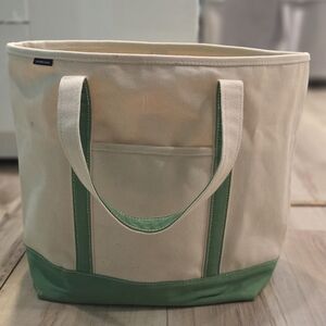 Lands End-XL Canvas Tote Bag - Cream with Green Trim. Short Handles.